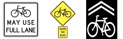 Officiella trafikskyltar för att markera cyklisters företräde i blandtrafik.