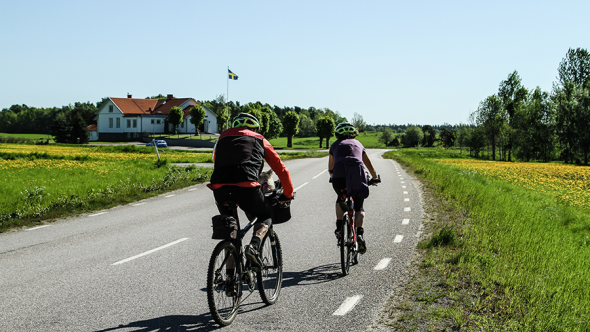 Ett medelålders par cyklar på en mindre landsväg med en liten hund i cykelkorgen.