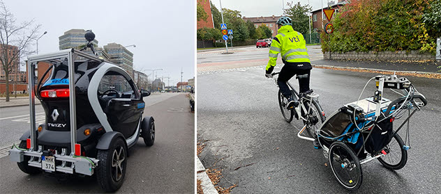 Vägytemätning dels från en minimal elbil, dels från en cykeldragen mätvagn.