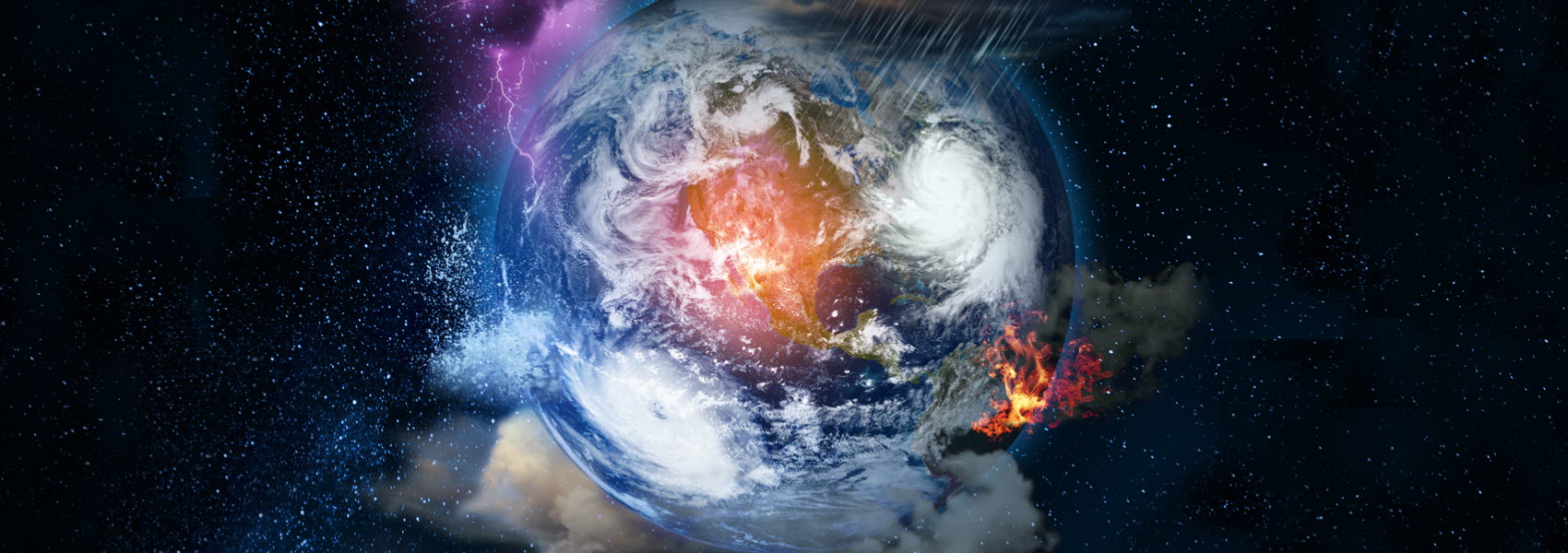 En jordglob som visar olika väderfenomen och brand.
