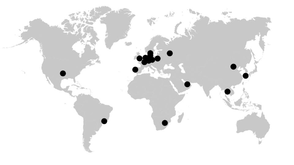 Map of the world with dots on for every city where RS5C has been held.