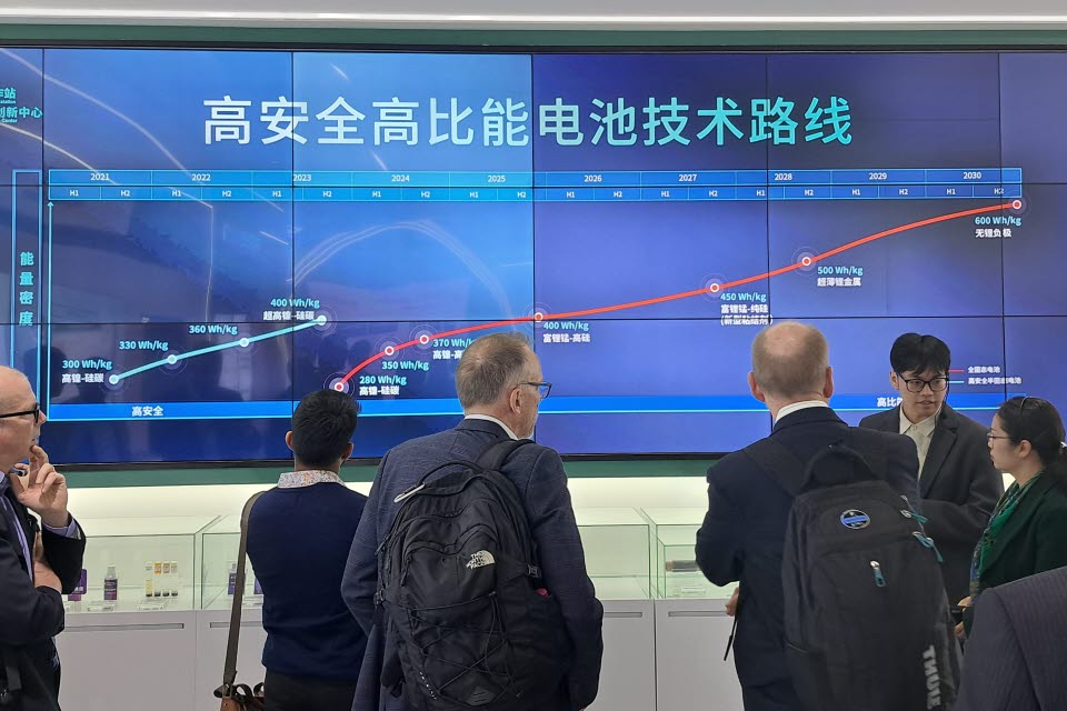 People in front of big blue digital screen with Chinese signs.