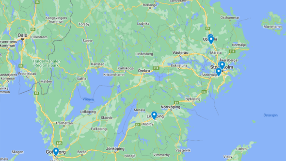 Utsnitt ur kartbild över Cykelcentrums "cykeldoktorander på kartan". Källa: Google My Maps