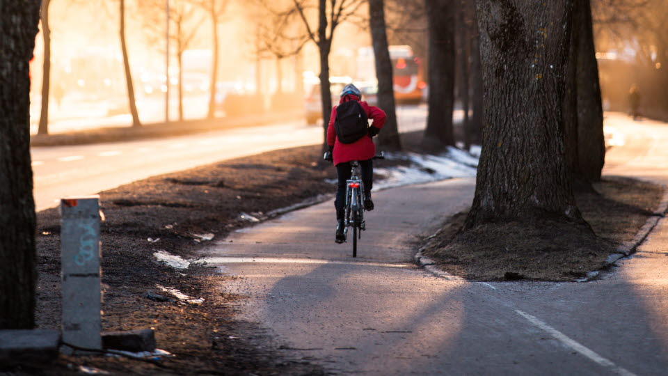 Cyklist på cykelväg tidig vinter.